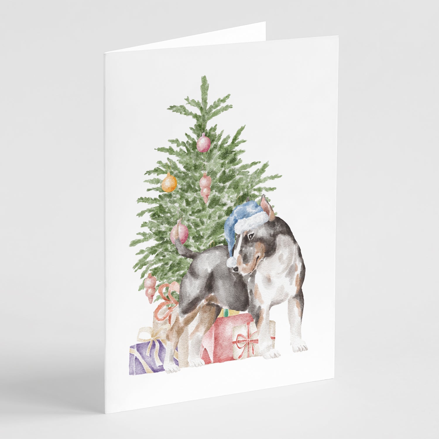 Bull Terrier Tricolor Christmas Presents and Tree Greeting Cards Pack of 8 Blank Cards with Envelopes Whimsical A7 Size 5x7