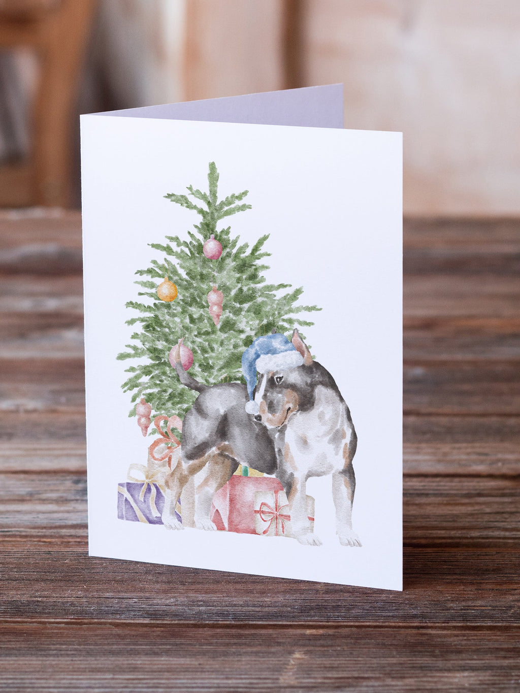 Bull Terrier Tricolor Christmas Presents and Tree Greeting Cards Pack of 8 Blank Cards with Envelopes Whimsical A7 Size 5x7