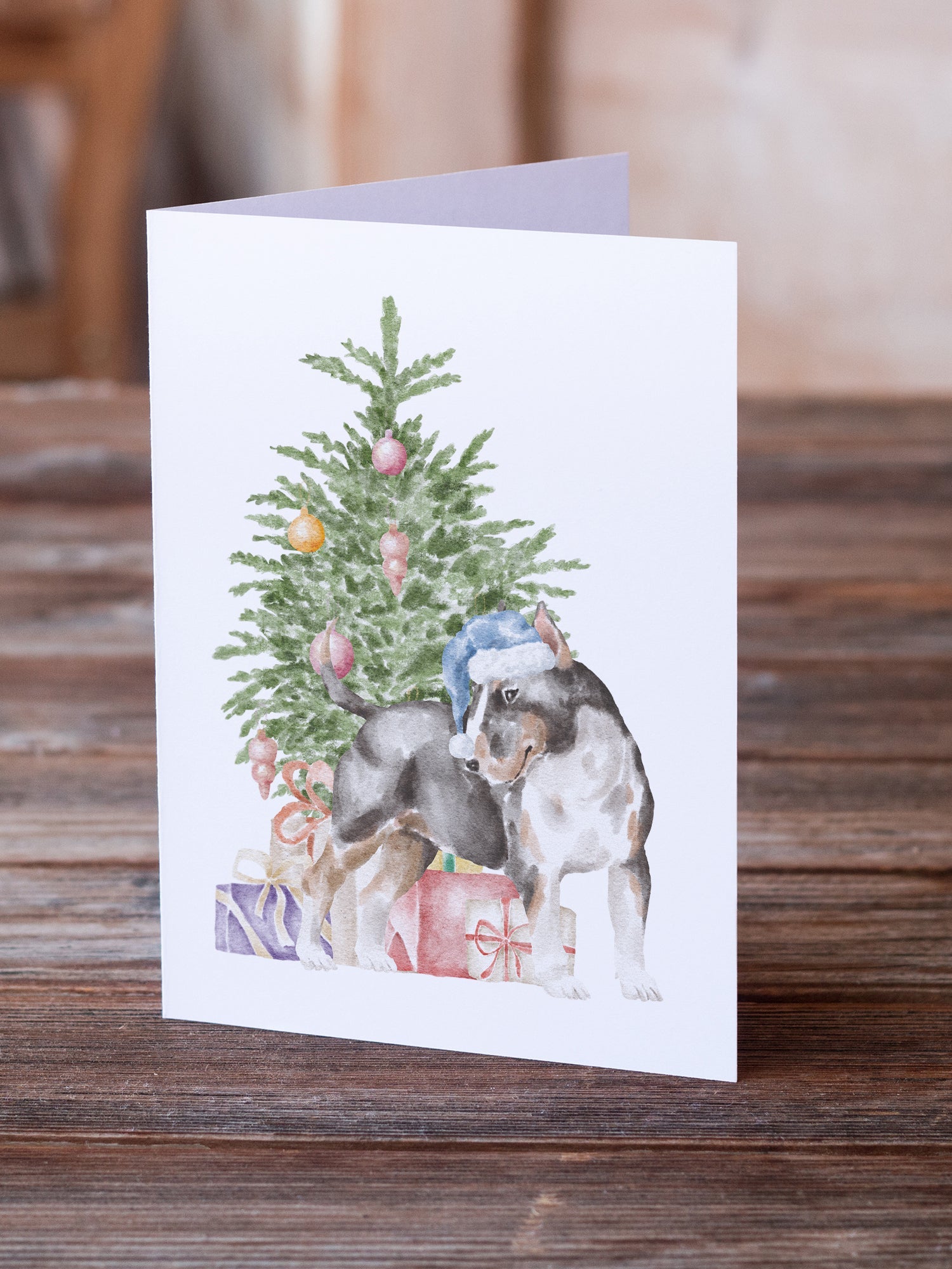 Bull Terrier Tricolor Christmas Presents and Tree Greeting Cards Pack of 8 Blank Cards with Envelopes Whimsical A7 Size 5x7