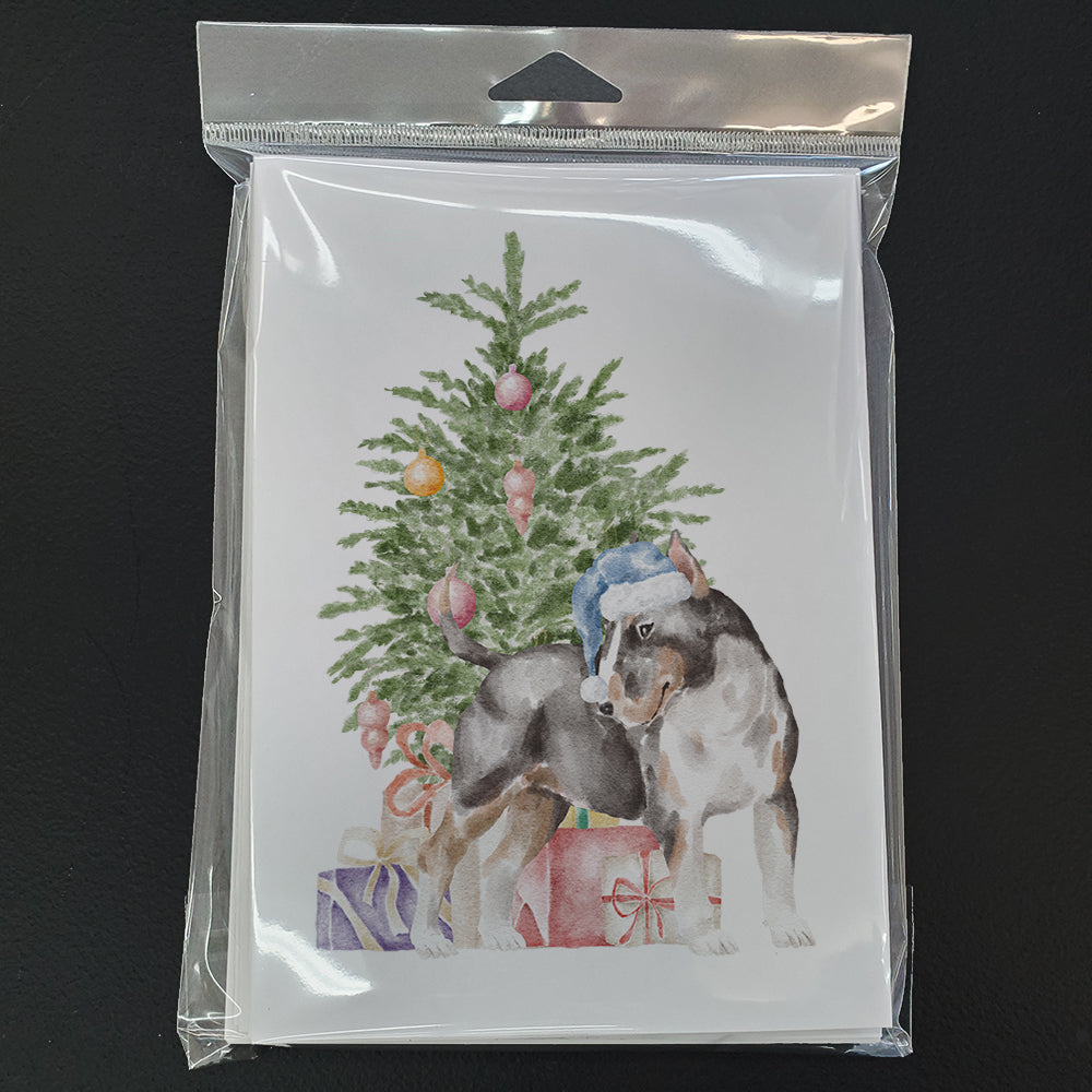 Bull Terrier Tricolor Christmas Presents and Tree Greeting Cards Pack of 8 Blank Cards with Envelopes Whimsical A7 Size 5x7