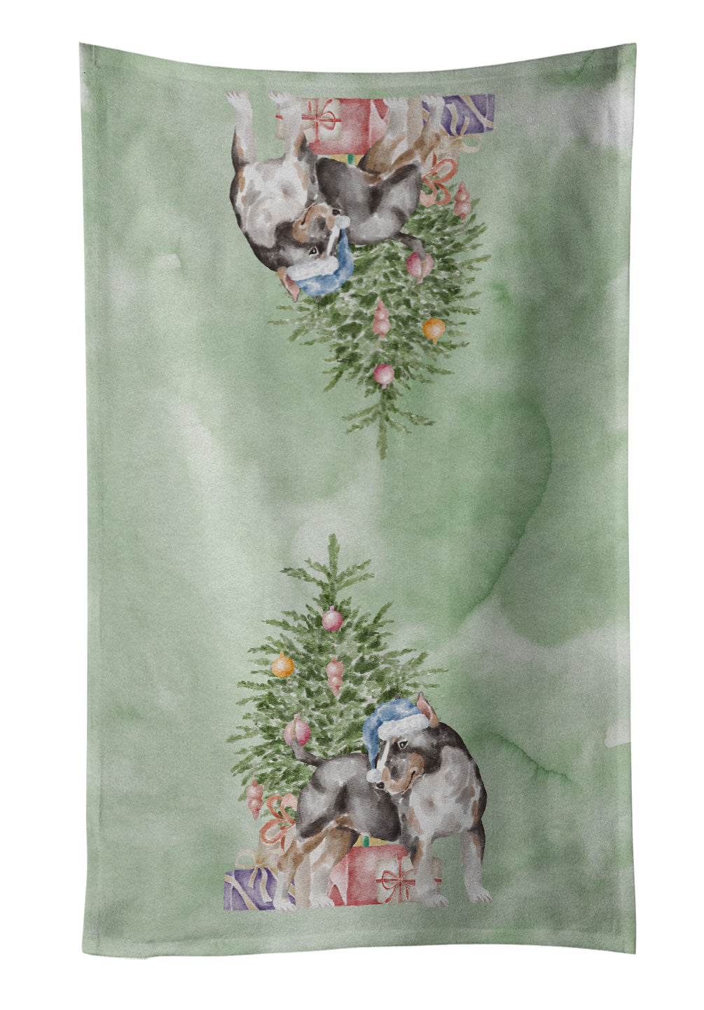 Bull Terrier Tricolor Christmas Presents and Tree Kitchen Towel Velour Plush Front and Cotton Loop Back Machine Washable