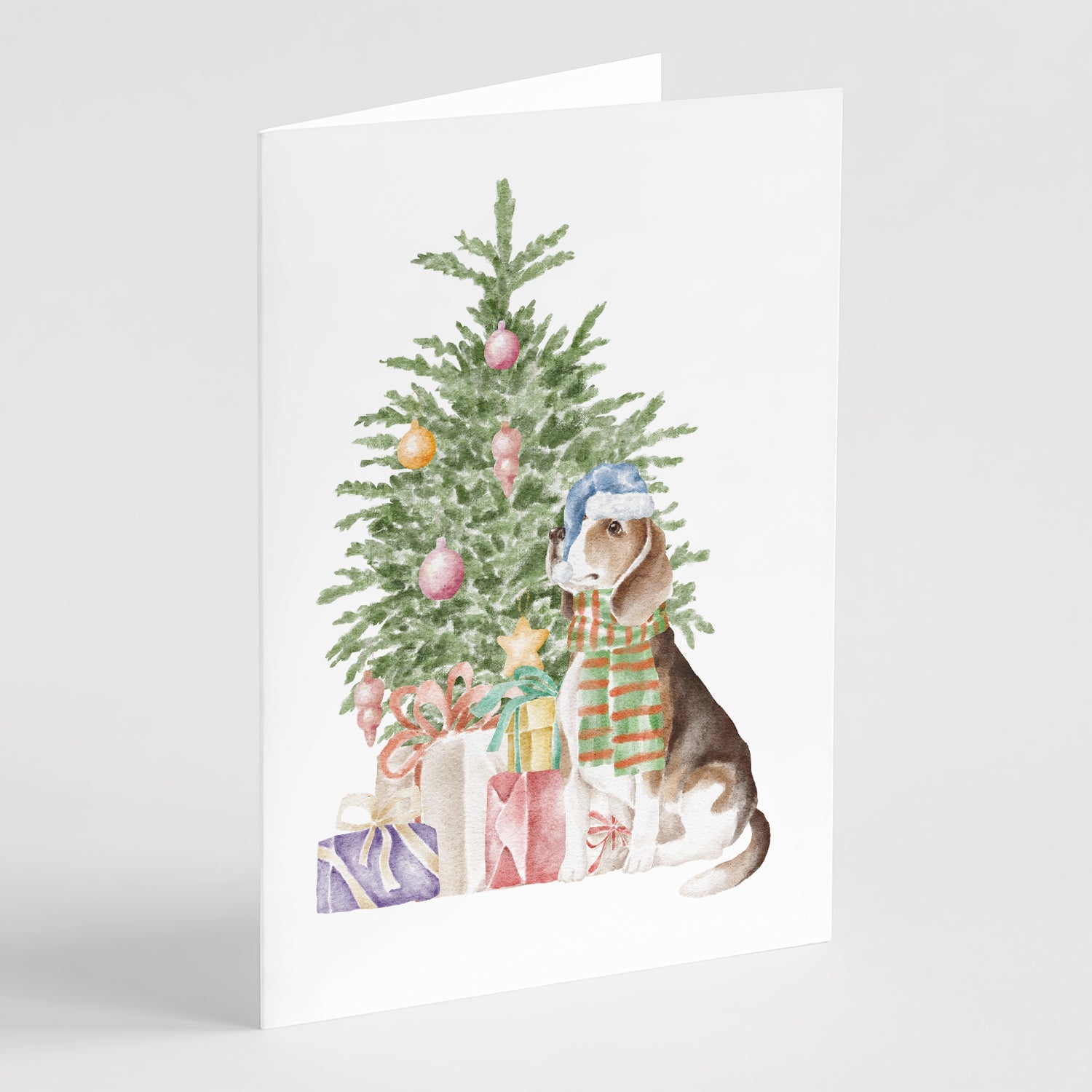 Beagle Christmas Presents and Tree Greeting Cards Pack of 8 Blank Cards with Envelopes Whimsical A7 Size 5x7