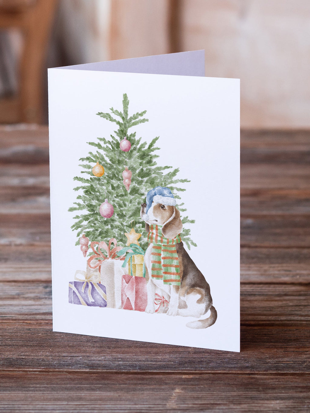 Beagle Christmas Presents and Tree Greeting Cards Pack of 8 Blank Cards with Envelopes Whimsical A7 Size 5x7