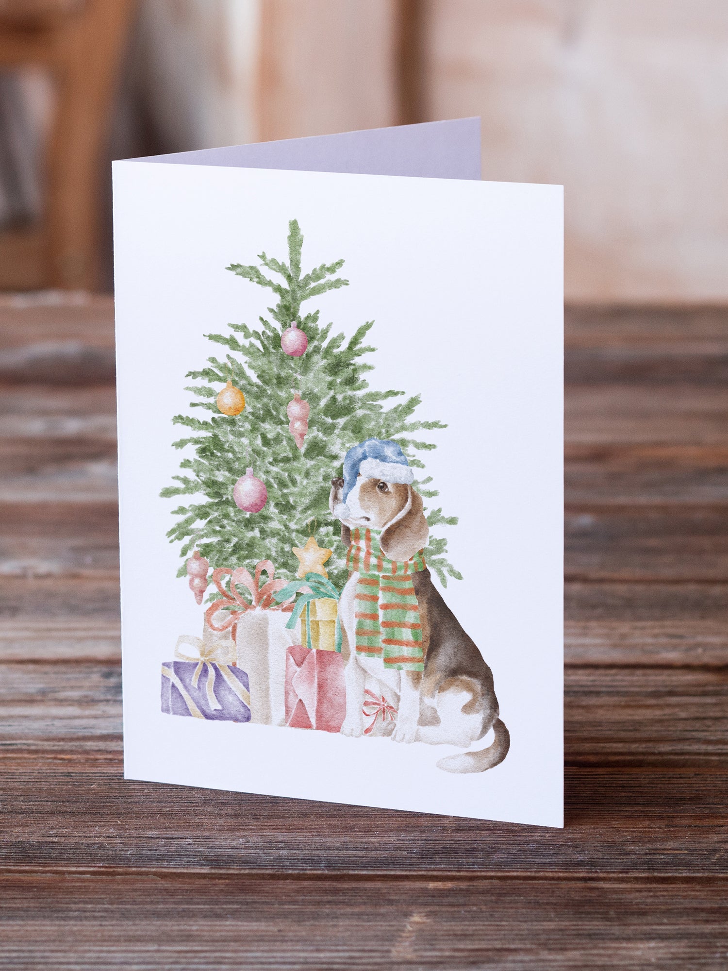 Beagle Christmas Presents and Tree Greeting Cards Pack of 8 Blank Cards with Envelopes Whimsical A7 Size 5x7