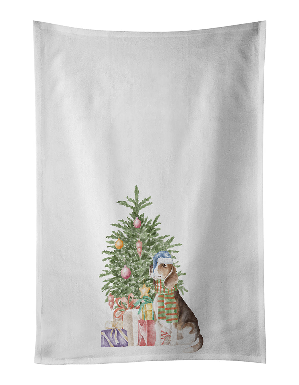 Beagle Christmas Presents and Tree Kitchen Towel Set of 2 White Dish Towels Decorative Bathroom Hand towel for Hand, Face, Hair, Yoga, Tea, Dishcloth, 19 X 28", White