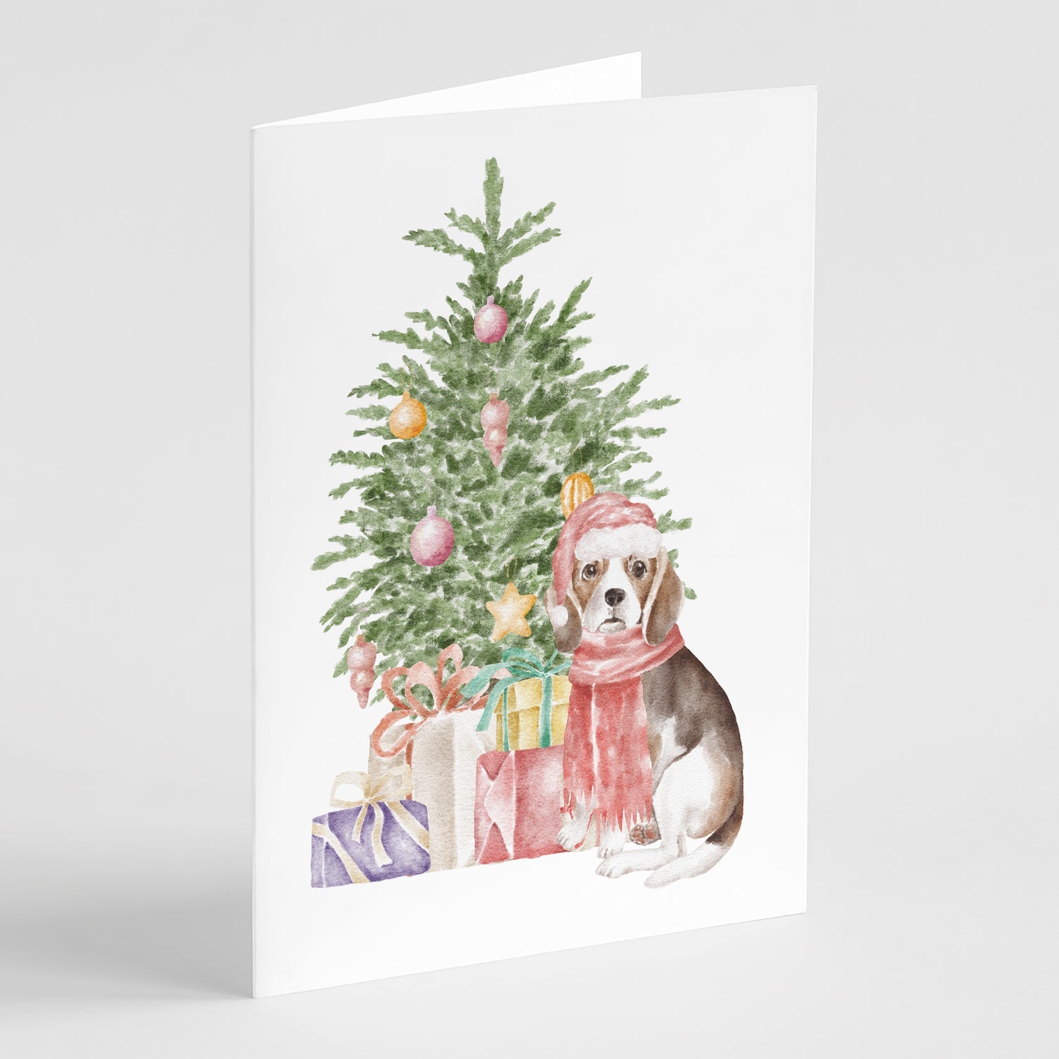 Beagle Puppy Christmas Presents and Tree Greeting Cards Pack of 8 Blank Cards with Envelopes Whimsical A7 Size 5x7