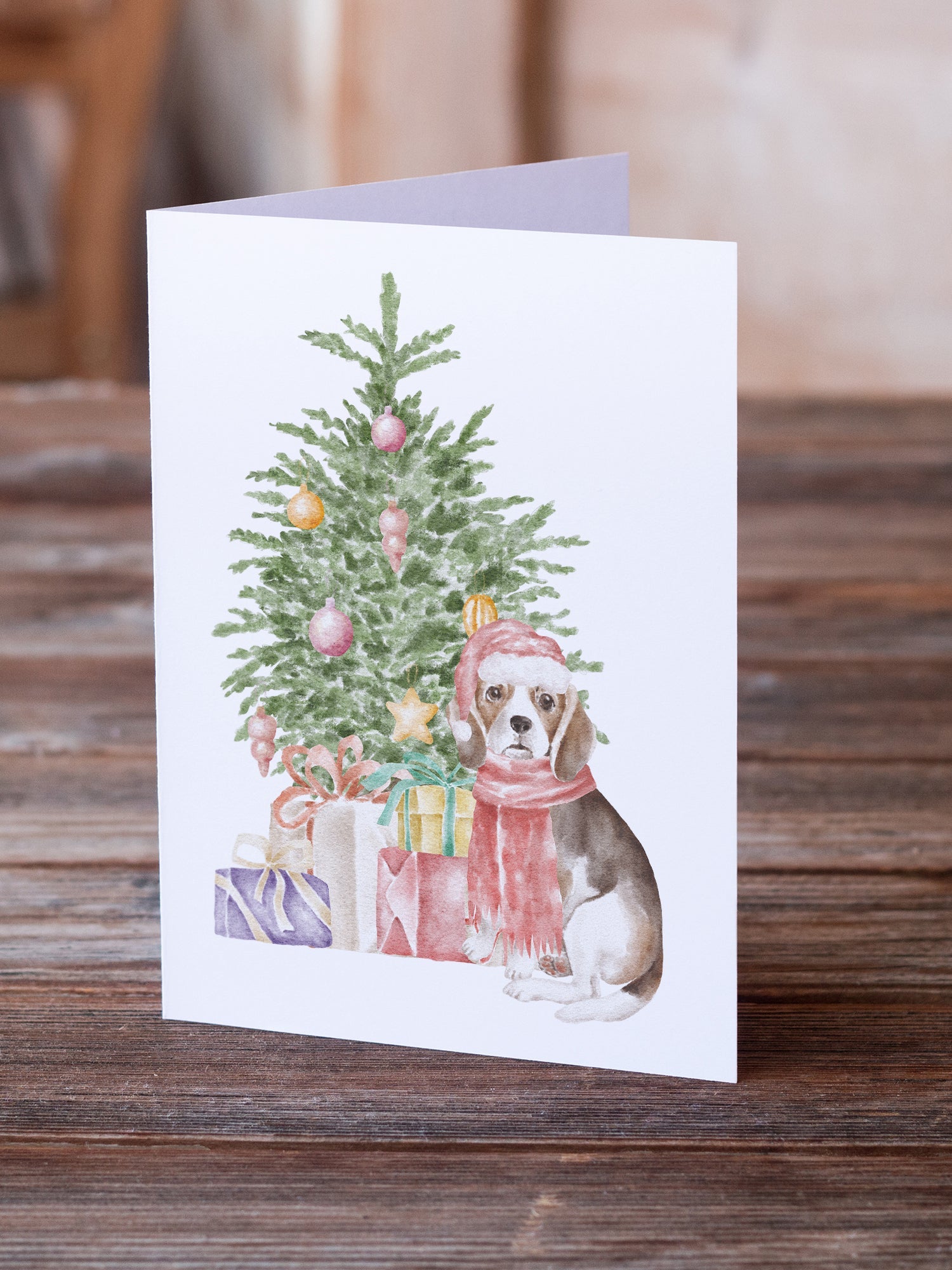 Beagle Puppy Christmas Presents and Tree Greeting Cards Pack of 8 Blank Cards with Envelopes Whimsical A7 Size 5x7