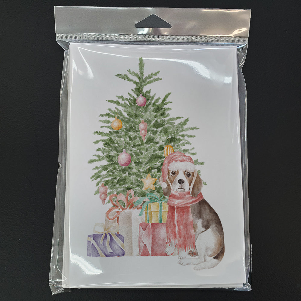Beagle Puppy Christmas Presents and Tree Greeting Cards Pack of 8 Blank Cards with Envelopes Whimsical A7 Size 5x7