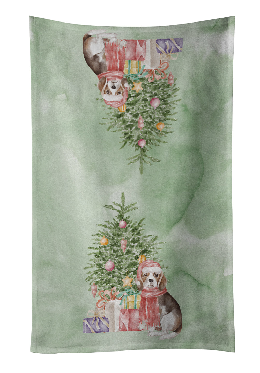 Beagle Puppy Christmas Presents and Tree Kitchen Towel Velour Plush Front and Cotton Loop Back Machine Washable