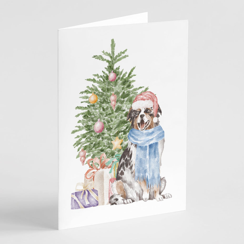 Australian Shepherd Christmas Presents and Tree Greeting Cards Pack of 8 Blank Cards with Envelopes Whimsical A7 Size 5x7