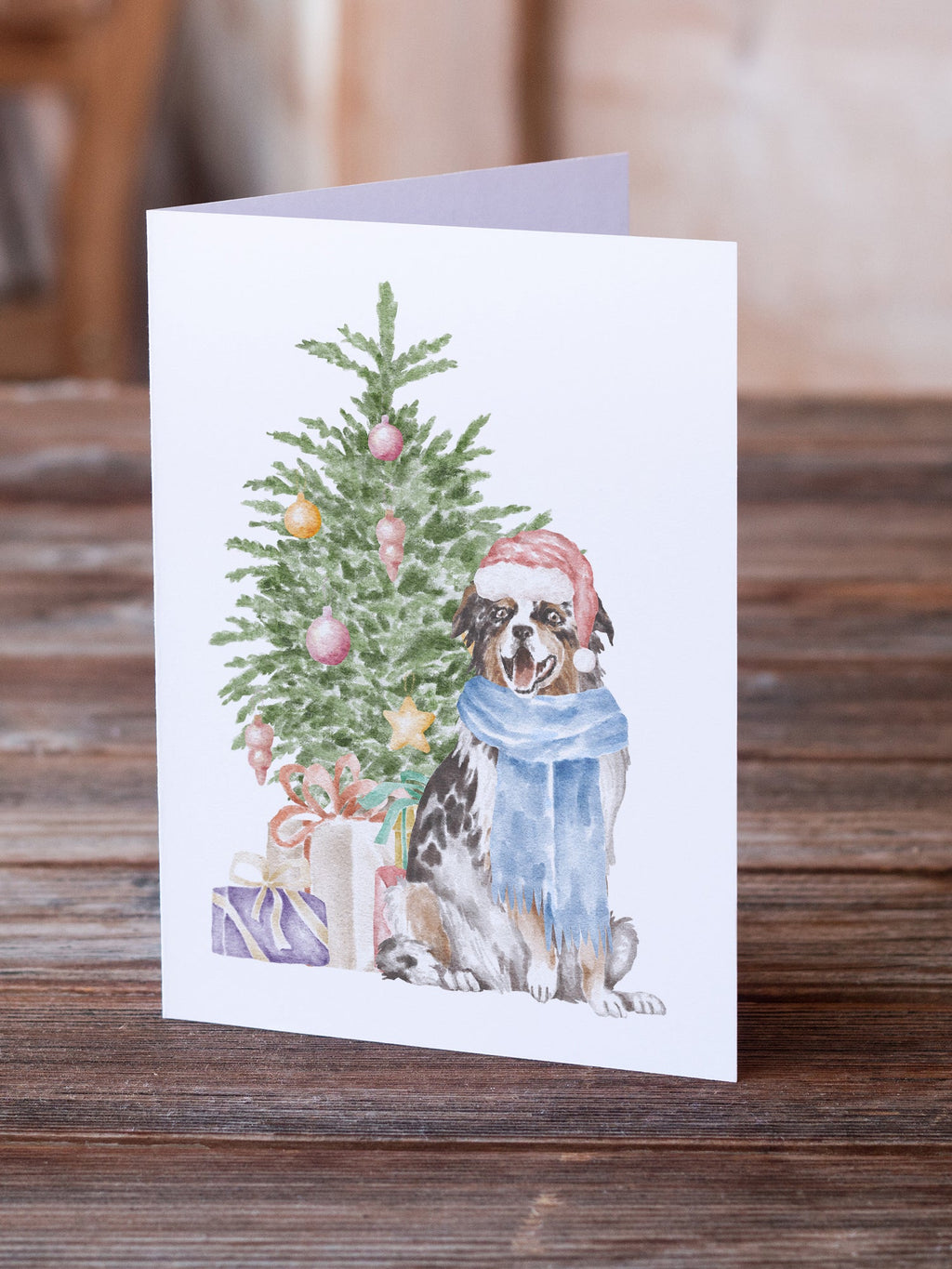 Australian Shepherd Christmas Presents and Tree Greeting Cards Pack of 8 Blank Cards with Envelopes Whimsical A7 Size 5x7