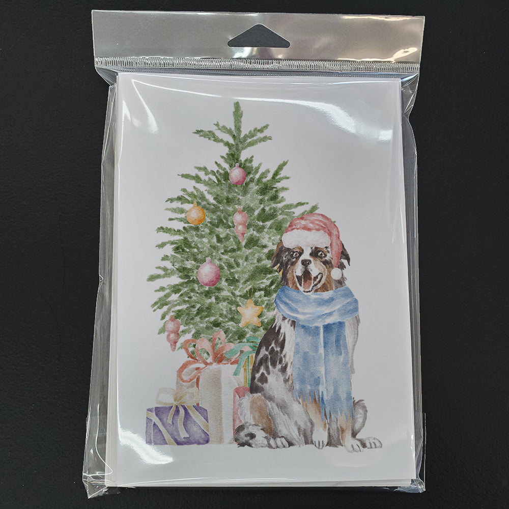 Australian Shepherd Christmas Presents and Tree Greeting Cards Pack of 8 Blank Cards with Envelopes Whimsical A7 Size 5x7