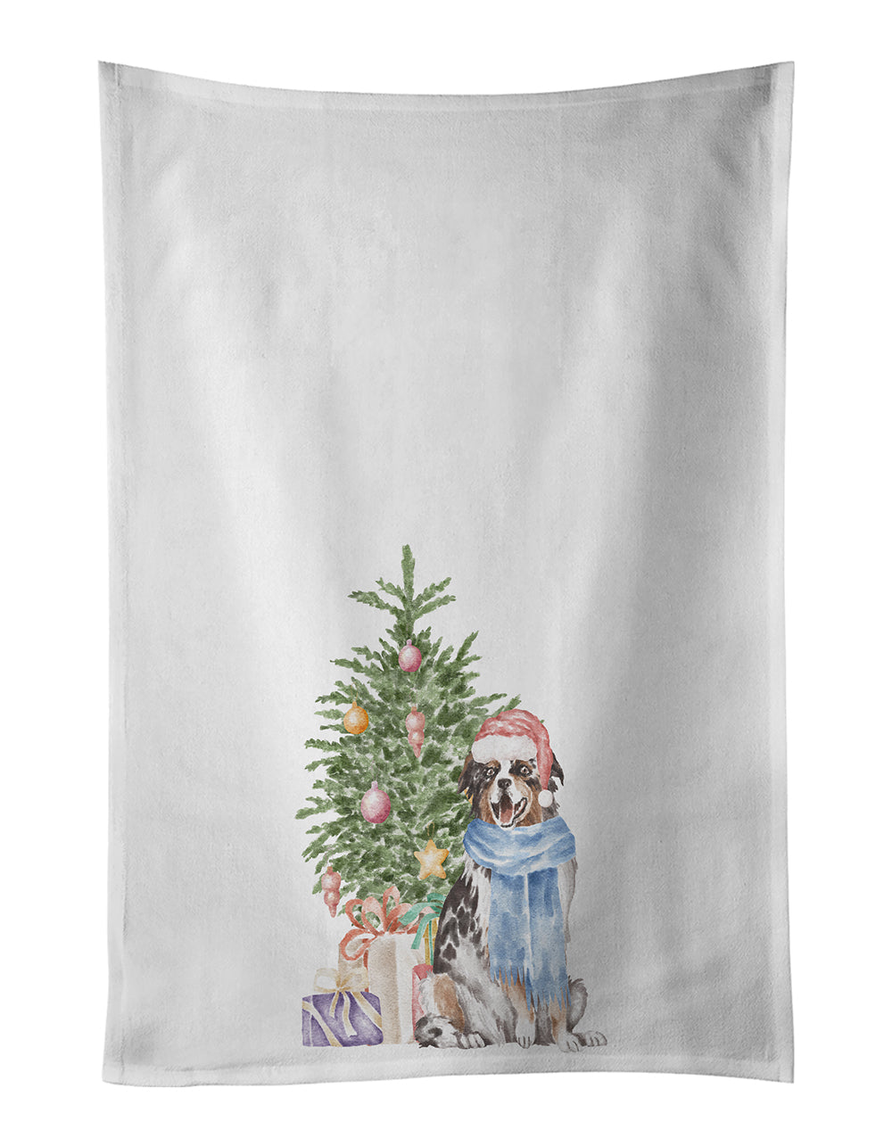 Australian Shepherd Christmas Presents and Tree Kitchen Towel Set of 2 White Dish Towels Decorative Bathroom Hand towel for Hand, Face, Hair, Yoga, Tea, Dishcloth, 19 X 28", White