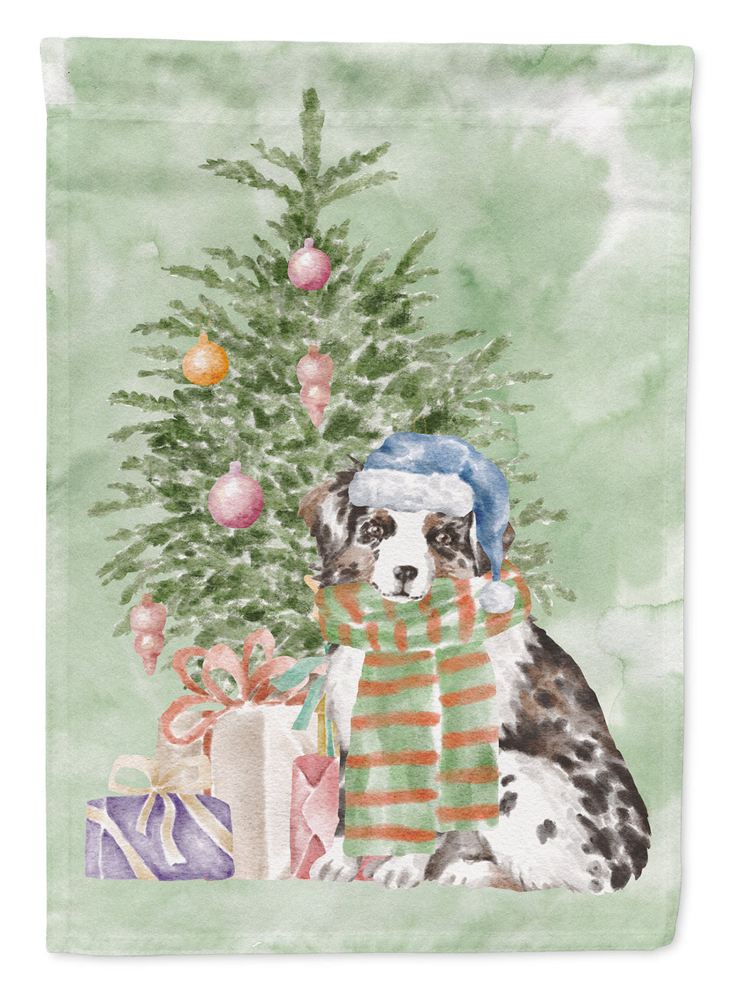 Australian Shepherd Puppy Christmas Presents and Tree House Flag 28x40 Porch Sleeve Pole Decorative Outside Yard Banner Artwork Wall Hanging, Polyester