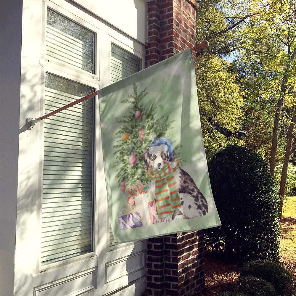 Australian Shepherd Puppy Christmas Presents and Tree House Flag 28x40 Porch Sleeve Pole Decorative Outside Yard Banner Artwork Wall Hanging, Polyester