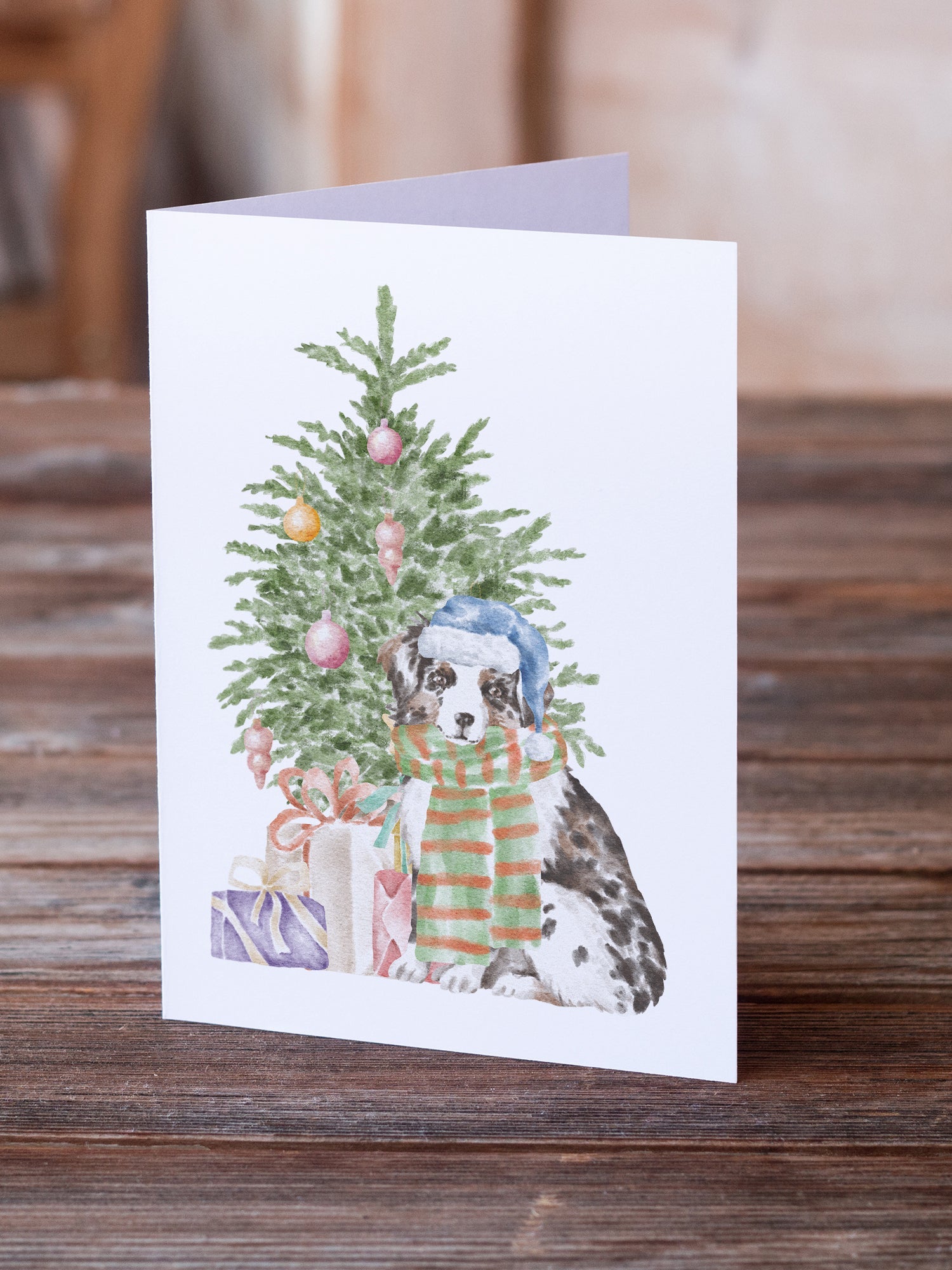 Australian Shepherd Puppy Christmas Presents and Tree Greeting Cards Pack of 8 Blank Cards with Envelopes Whimsical A7 Size 5x7