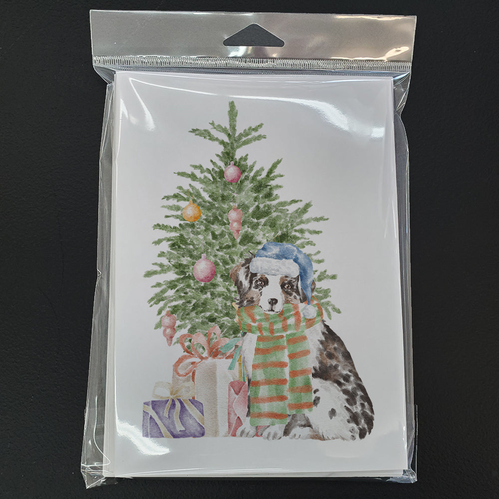 Australian Shepherd Puppy Christmas Presents and Tree Greeting Cards Pack of 8 Blank Cards with Envelopes Whimsical A7 Size 5x7