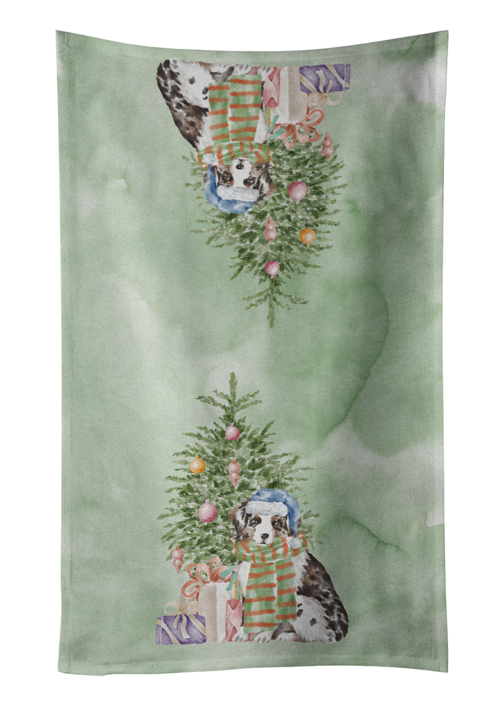 Australian Shepherd Puppy Christmas Presents and Tree Kitchen Towel Velour Plush Front and Cotton Loop Back Machine Washable