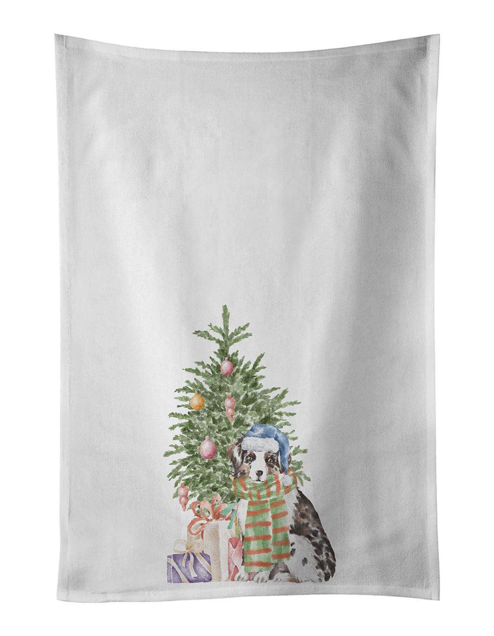 Australian Shepherd Puppy Christmas Presents and Tree Kitchen Towel Set of 2 White Dish Towels Decorative Bathroom Hand towel for Hand, Face, Hair, Yoga, Tea, Dishcloth, 19 X 28", White