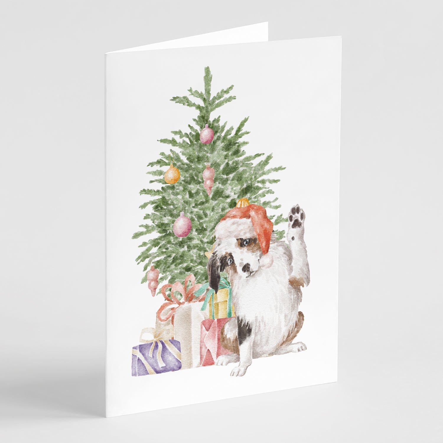 Australian Shepherd High Five Christmas Presents and Tree Greeting Cards Pack of 8 Blank Cards with Envelopes Whimsical A7 Size 5x7