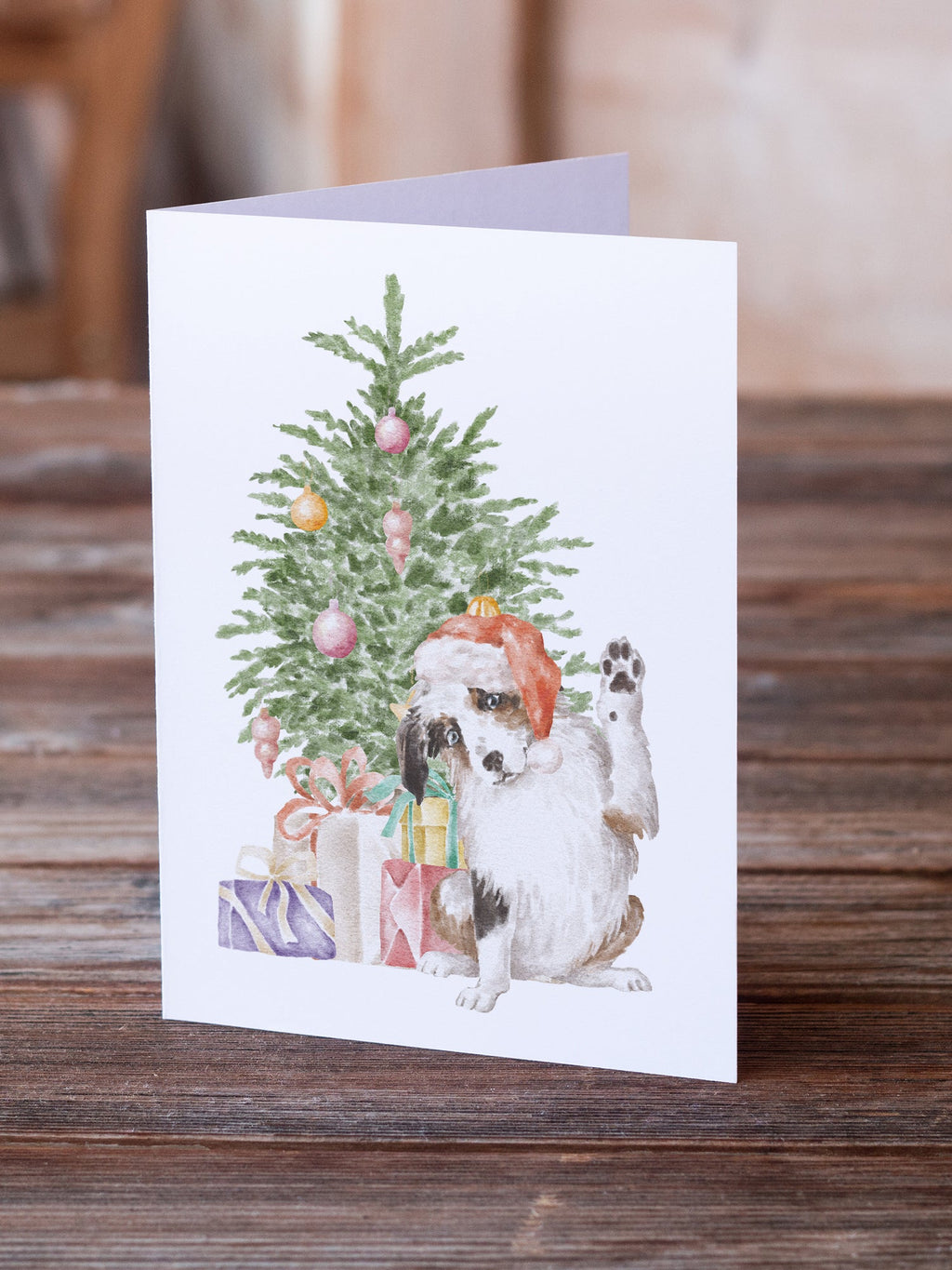 Australian Shepherd High Five Christmas Presents and Tree Greeting Cards Pack of 8 Blank Cards with Envelopes Whimsical A7 Size 5x7