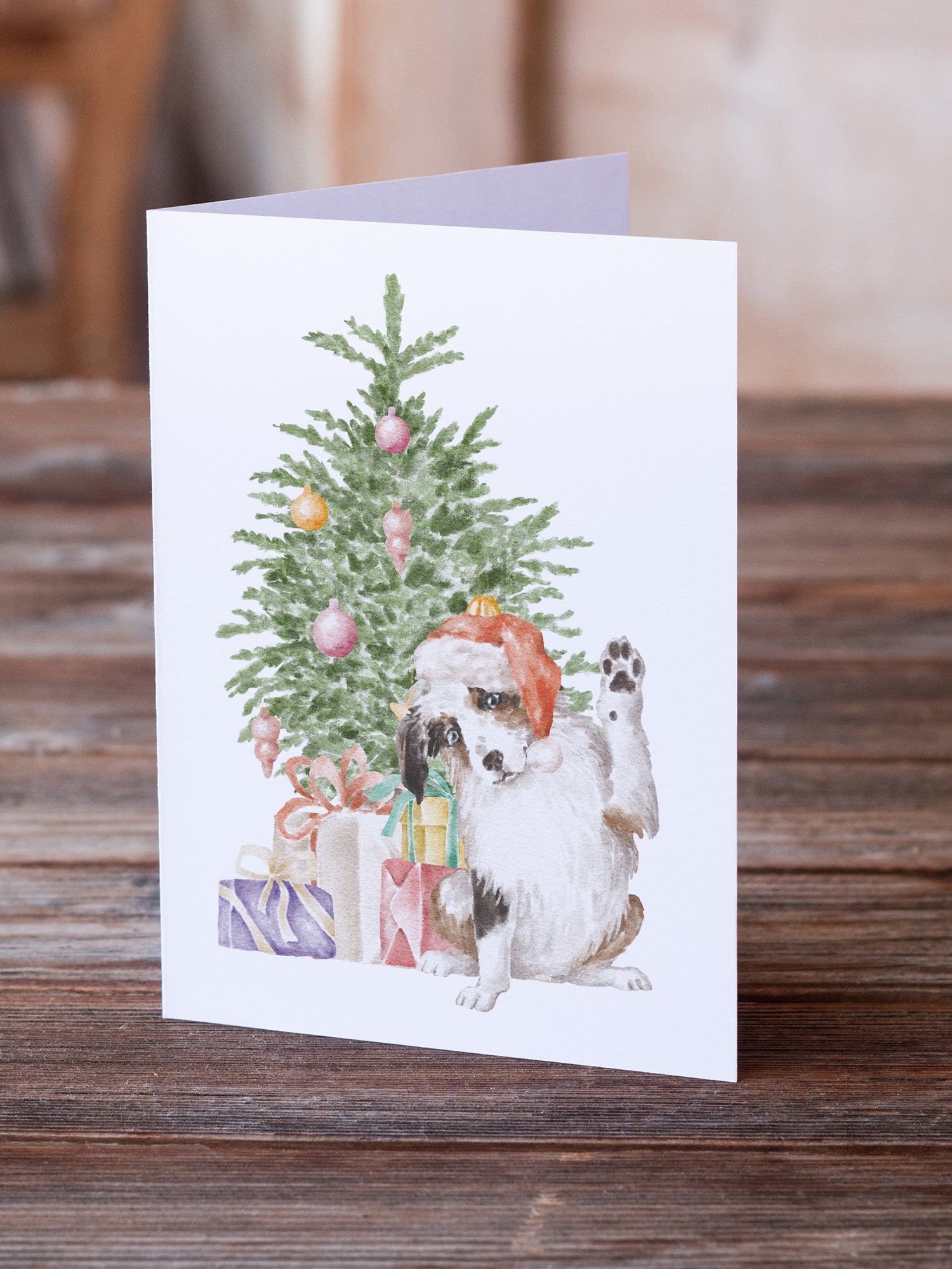 Australian Shepherd High Five Christmas Presents and Tree Greeting Cards Pack of 8 Blank Cards with Envelopes Whimsical A7 Size 5x7