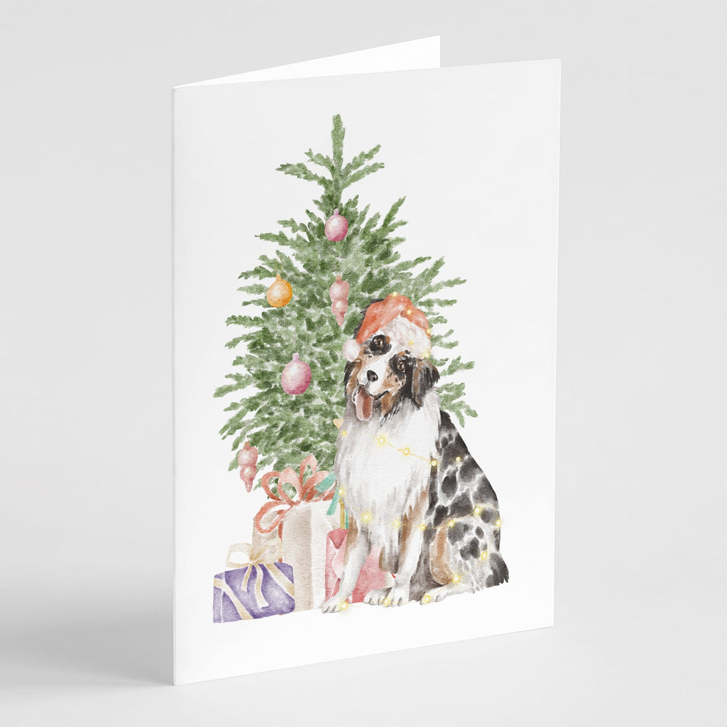 Australian Shepherd #2 Christmas Presents and Tree Greeting Cards Pack of 8 Blank Cards with Envelopes Whimsical A7 Size 5x7
