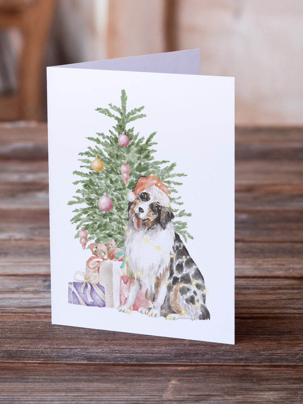 Australian Shepherd #2 Christmas Presents and Tree Greeting Cards Pack of 8 Blank Cards with Envelopes Whimsical A7 Size 5x7