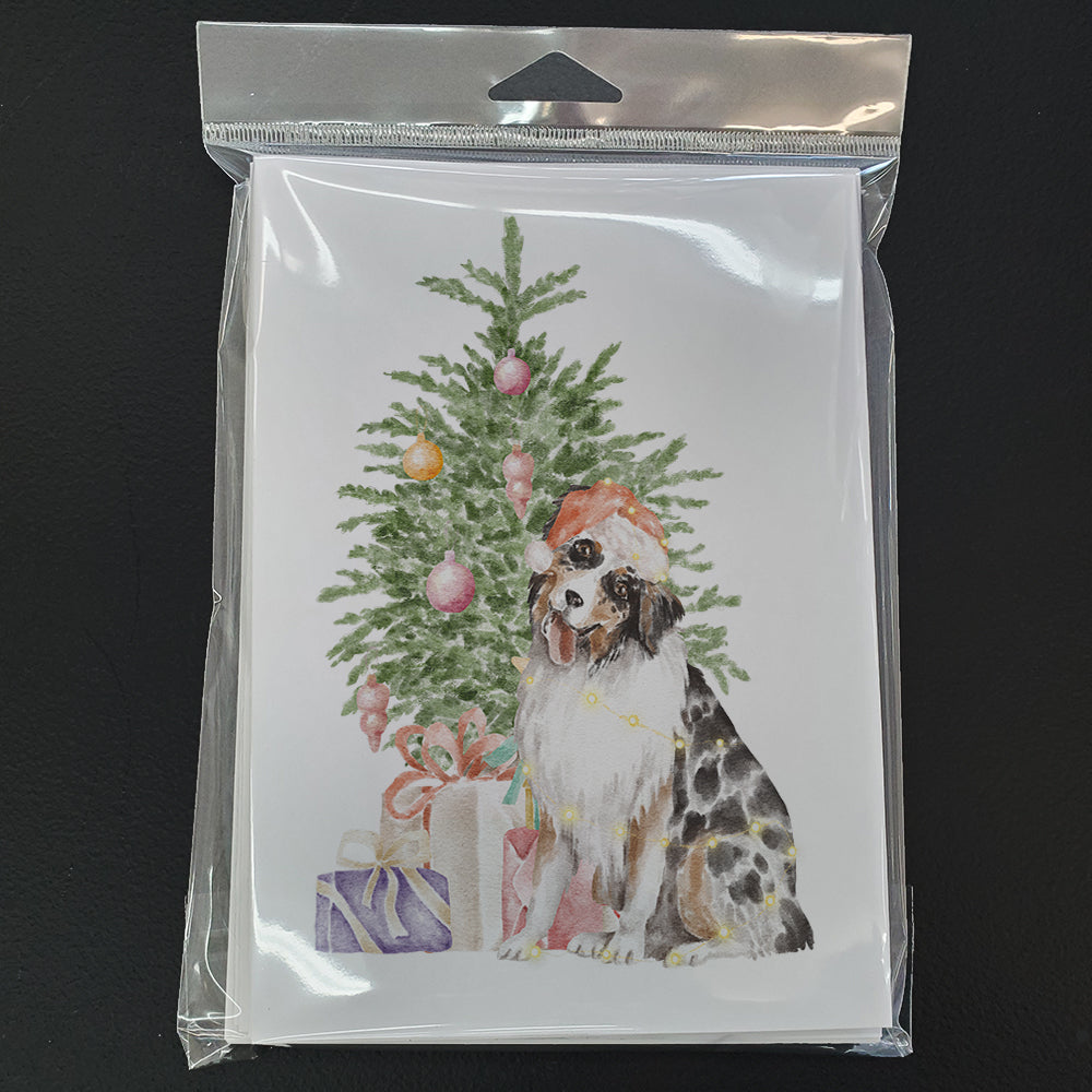 Australian Shepherd #2 Christmas Presents and Tree Greeting Cards Pack of 8 Blank Cards with Envelopes Whimsical A7 Size 5x7