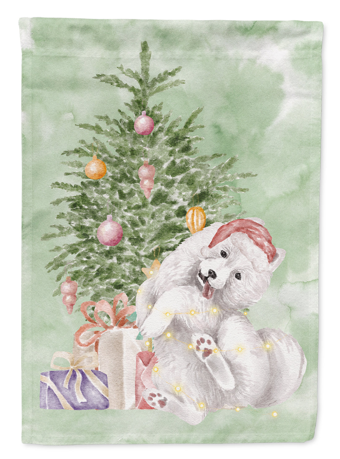 Samoyed Caught Up Christmas Presents and Tree House Flag 28x40 Porch Sleeve Pole Decorative Outside Yard Banner Artwork Wall Hanging, Polyester