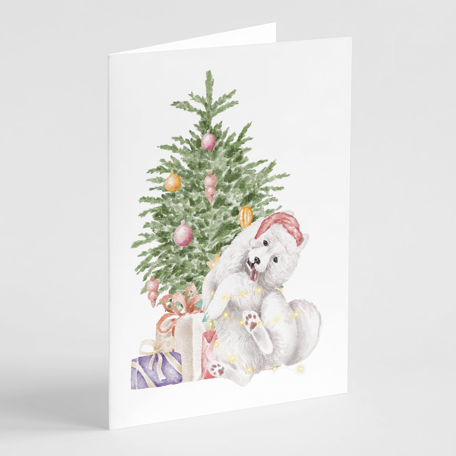 Samoyed Caught Up Christmas Presents and Tree Greeting Cards Pack of 8 Blank Cards with Envelopes Whimsical A7 Size 5x7