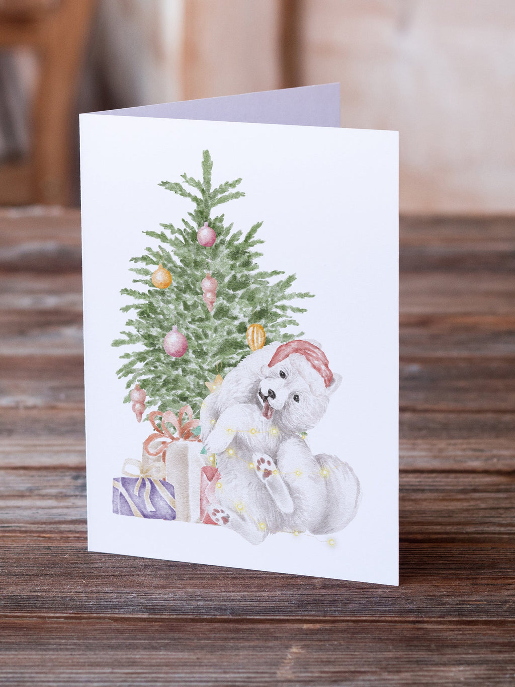 Samoyed Caught Up Christmas Presents and Tree Greeting Cards Pack of 8 Blank Cards with Envelopes Whimsical A7 Size 5x7