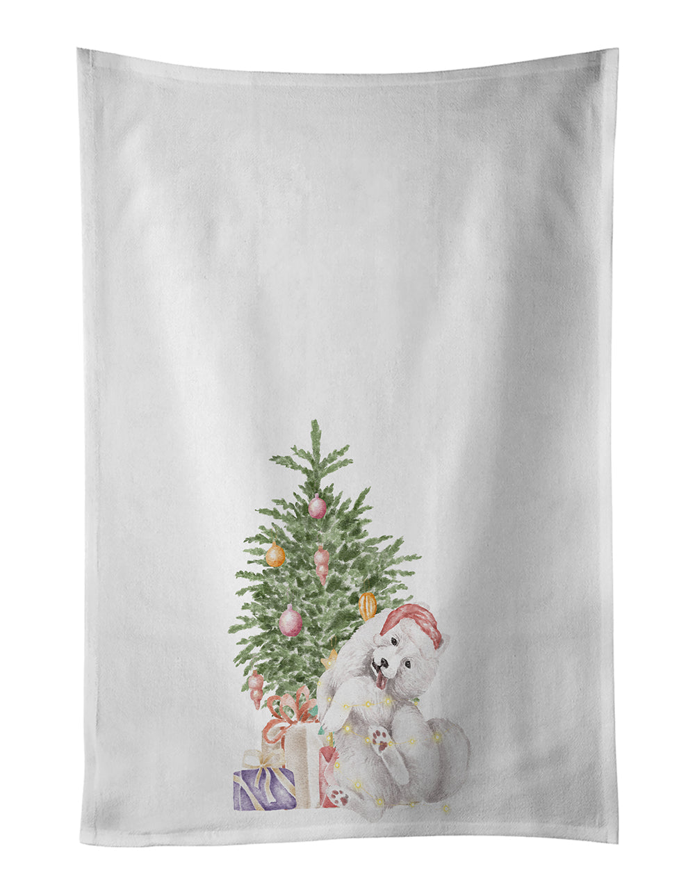 Samoyed Caught Up Christmas Presents and Tree Kitchen Towel Set of 2 White Dish Towels Decorative Bathroom Hand towel for Hand, Face, Hair, Yoga, Tea, Dishcloth, 19 X 28", White