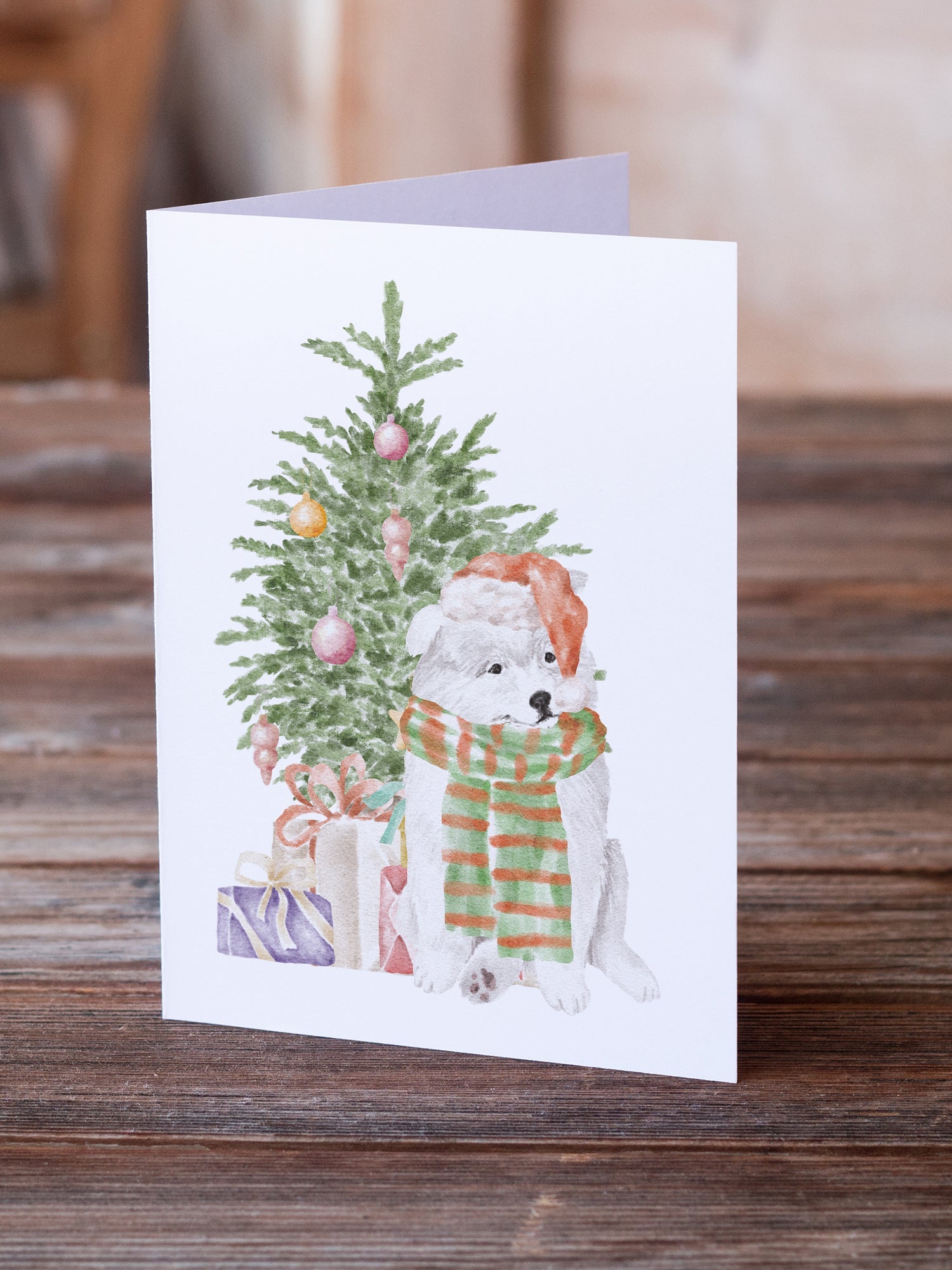 Samoyed Christmas Presents and Tree Greeting Cards Pack of 8 Blank Cards with Envelopes Whimsical A7 Size 5x7