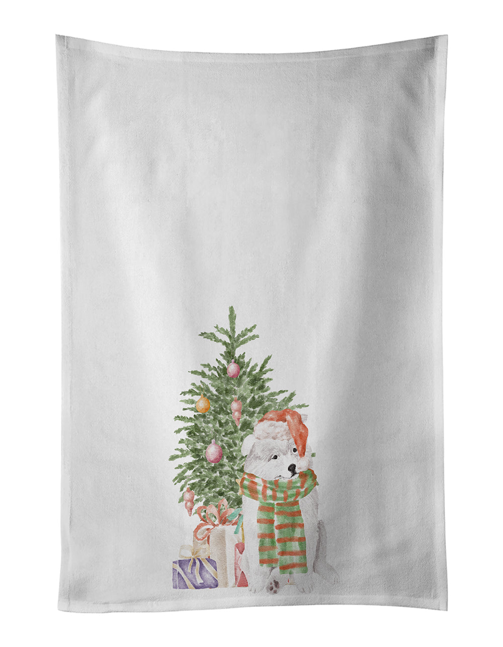Samoyed Christmas Presents and Tree Kitchen Towel Set of 2 White Dish Towels Decorative Bathroom Hand towel for Hand, Face, Hair, Yoga, Tea, Dishcloth, 19 X 28", White