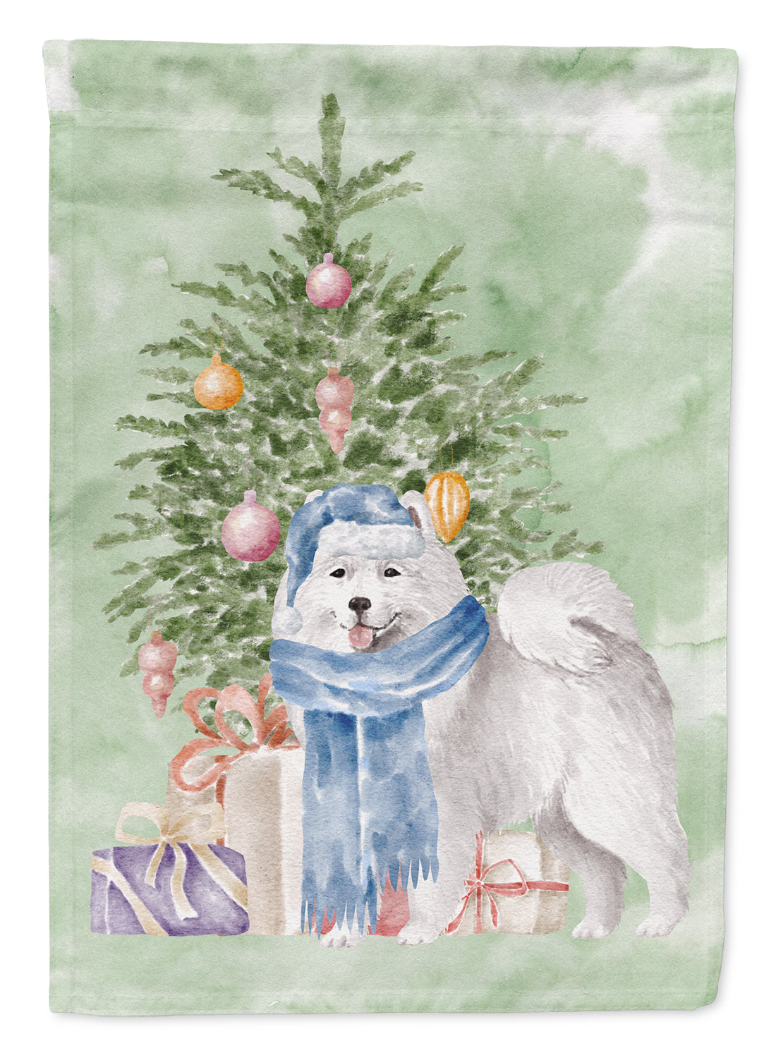 Samoyed #2 Christmas Presents and Tree House Flag 28x40 Porch Sleeve Pole Decorative Outside Yard Banner Artwork Wall Hanging, Polyester
