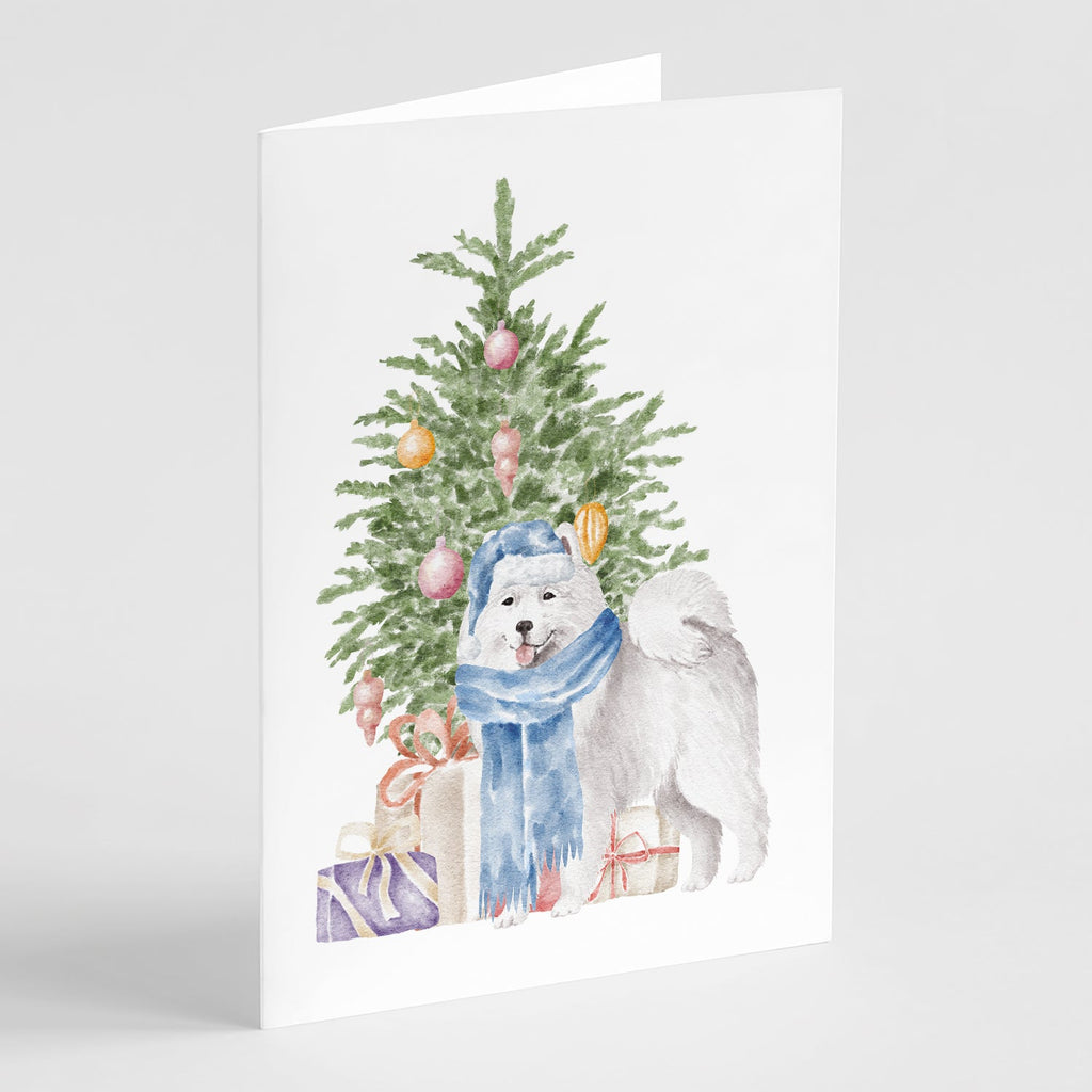 Samoyed #2 Christmas Presents and Tree Greeting Cards Pack of 8 Blank Cards with Envelopes Whimsical A7 Size 5x7