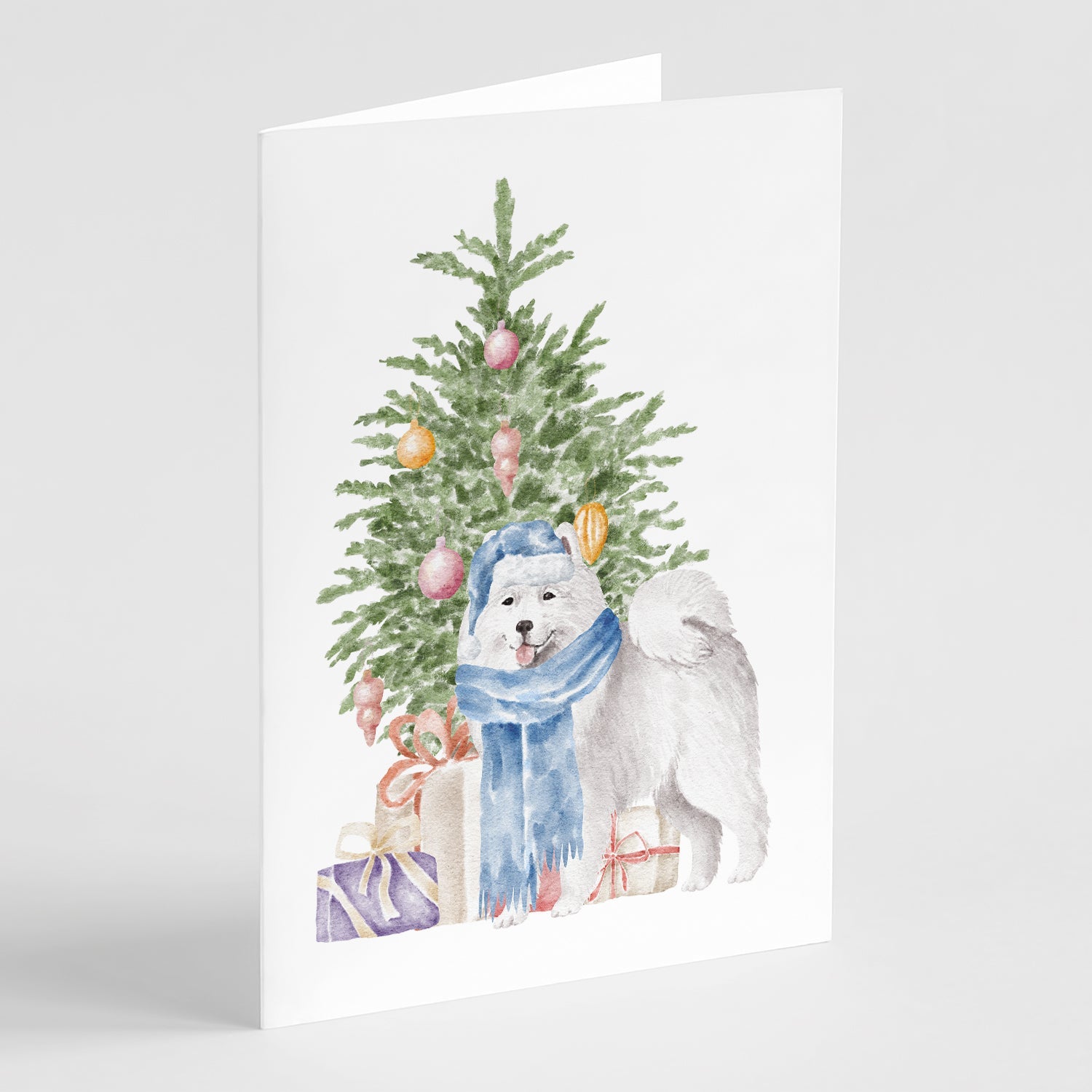 Samoyed #2 Christmas Presents and Tree Greeting Cards Pack of 8 Blank Cards with Envelopes Whimsical A7 Size 5x7