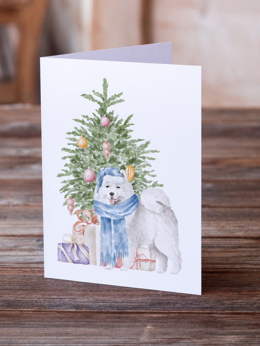 Samoyed #2 Christmas Presents and Tree Greeting Cards Pack of 8 Blank Cards with Envelopes Whimsical A7 Size 5x7
