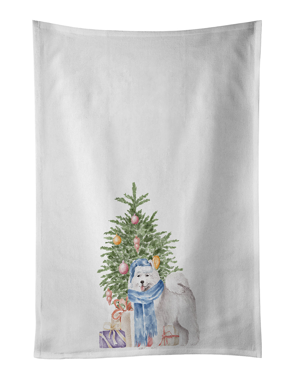 Samoyed #2 Christmas Presents and Tree Kitchen Towel Set of 2 White Dish Towels Decorative Bathroom Hand towel for Hand, Face, Hair, Yoga, Tea, Dishcloth, 19 X 28", White