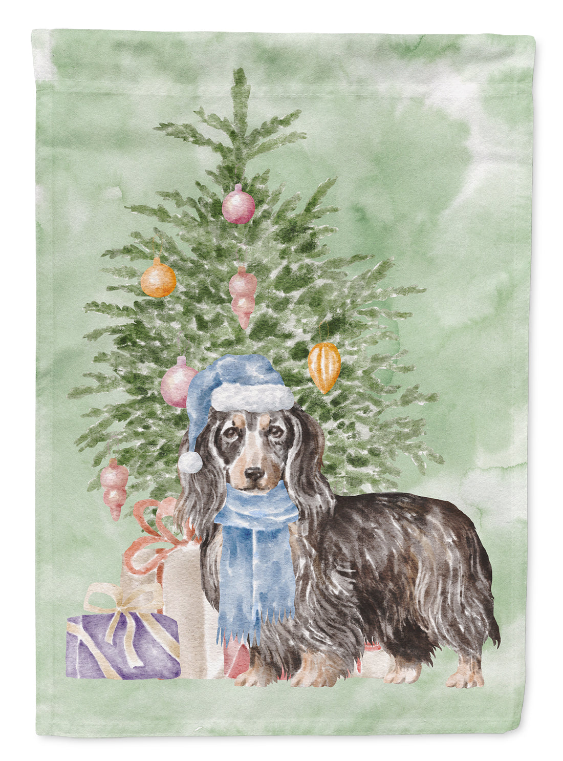 Dachshund Longhair Black Tan Christmas Presents and Tree House Flag 28x40 Porch Sleeve Pole Decorative Outside Yard Banner Artwork Wall Hanging, Polyester