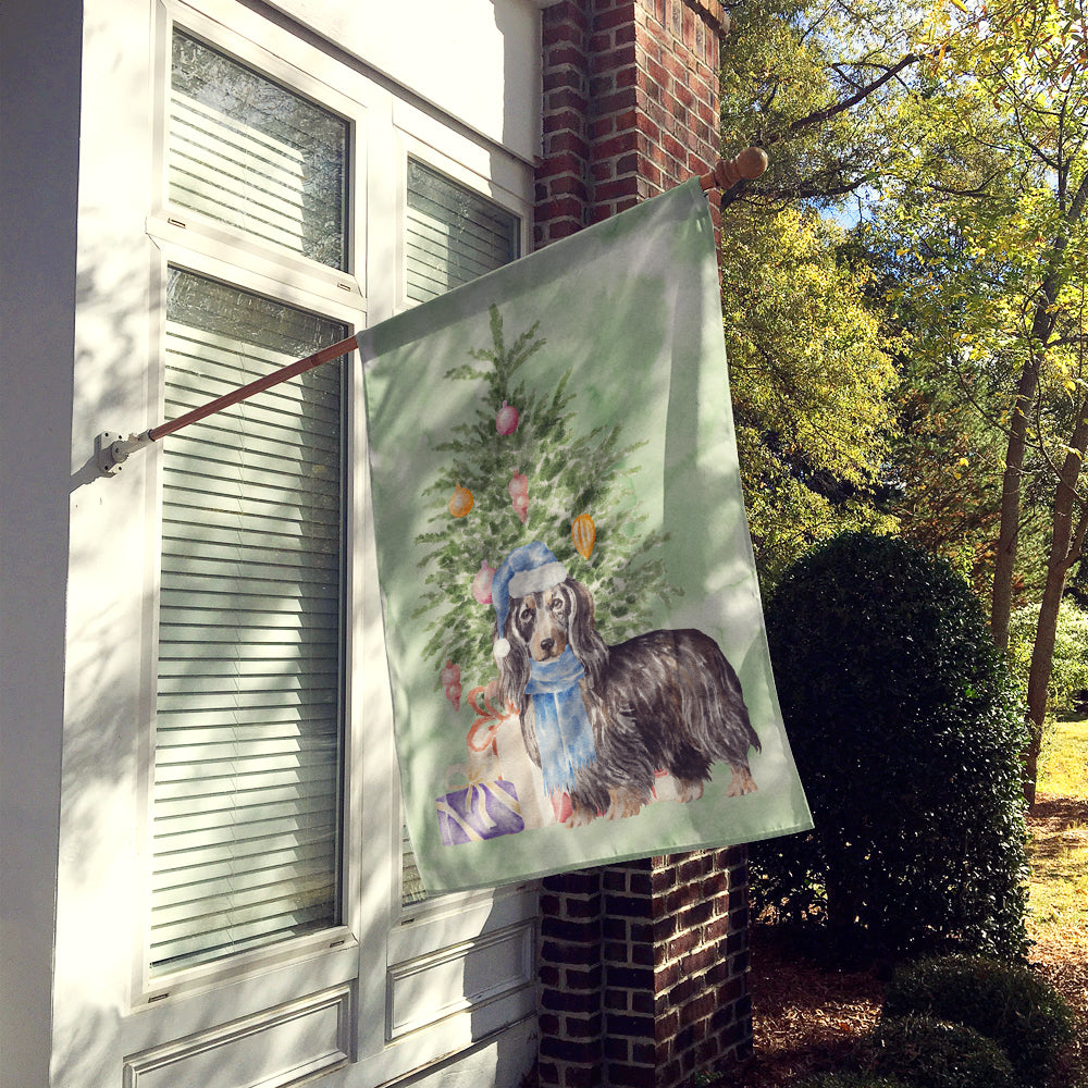 Dachshund Longhair Black Tan Christmas Presents and Tree House Flag 28x40 Porch Sleeve Pole Decorative Outside Yard Banner Artwork Wall Hanging, Polyester