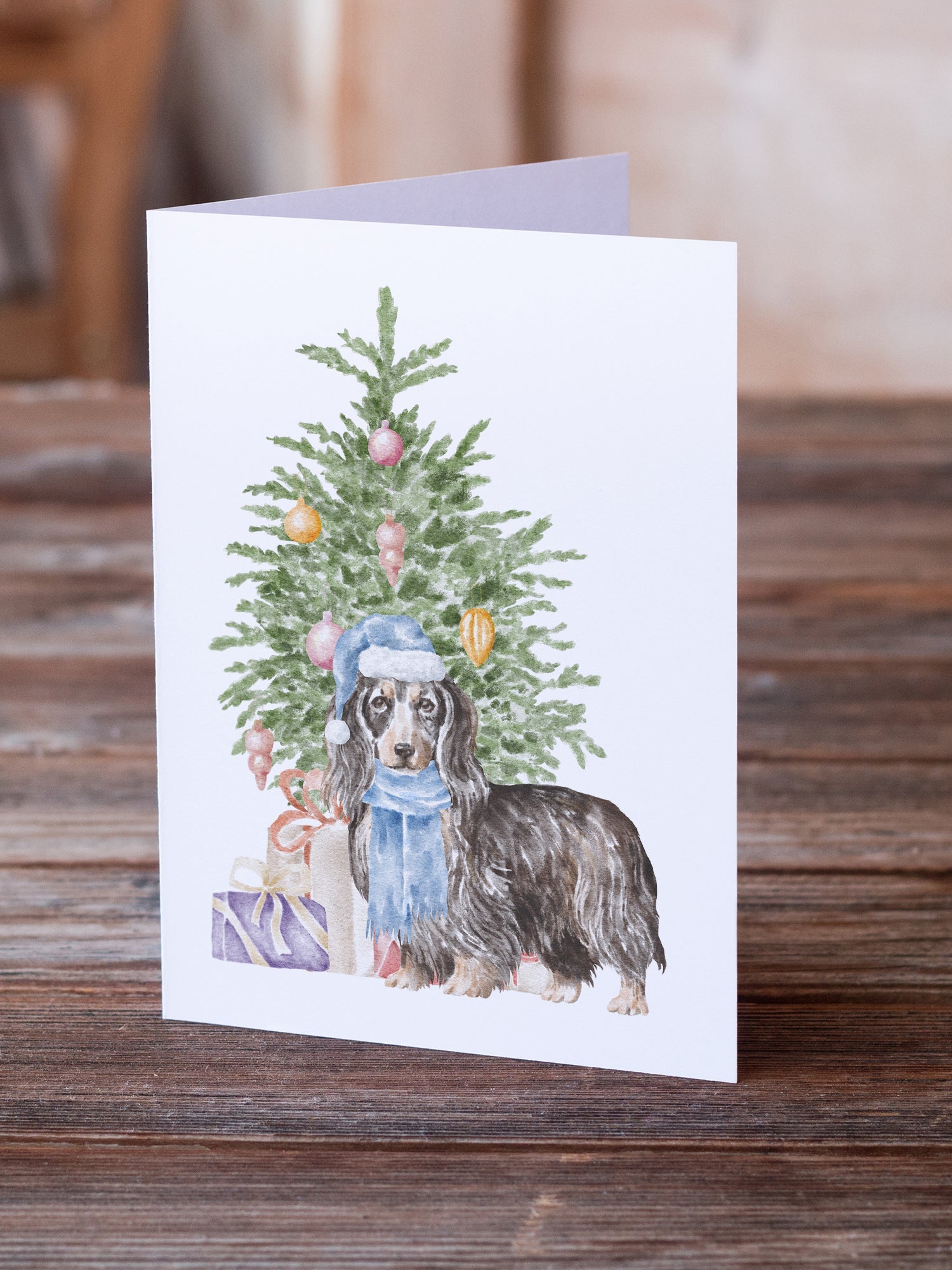 Dachshund Longhair Black Tan Christmas Presents and Tree Greeting Cards Pack of 8 Blank Cards with Envelopes Whimsical A7 Size 5x7