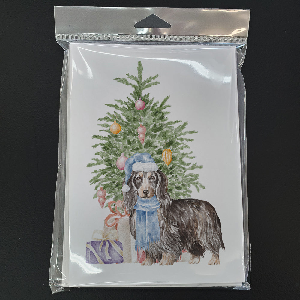 Dachshund Longhair Black Tan Christmas Presents and Tree Greeting Cards Pack of 8 Blank Cards with Envelopes Whimsical A7 Size 5x7