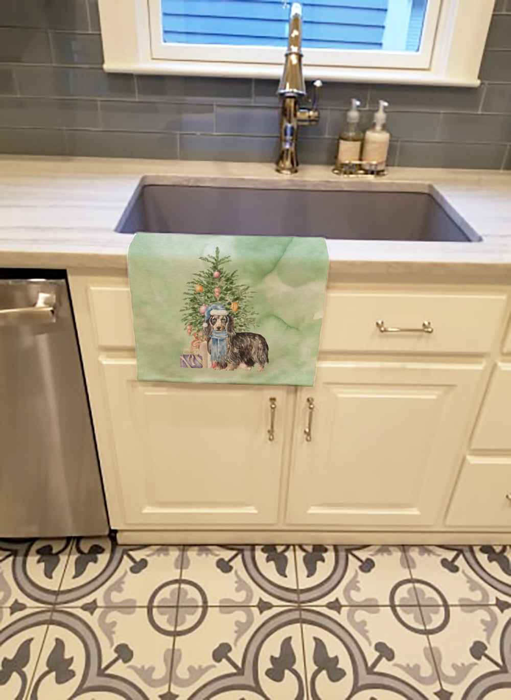 Dachshund Longhair Black Tan Christmas Presents and Tree Kitchen Towel Velour Plush Front and Cotton Loop Back Machine Washable