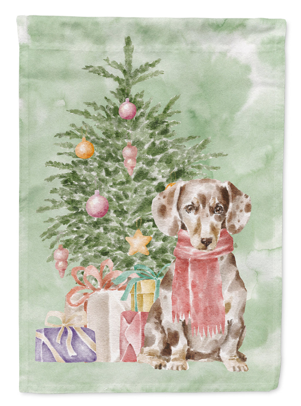 Dachshund Chocolate Piebald Dapple  Christmas Presents and Tree House Flag 28x40 Porch Sleeve Pole Decorative Outside Yard Banner Artwork Wall Hanging, Polyester