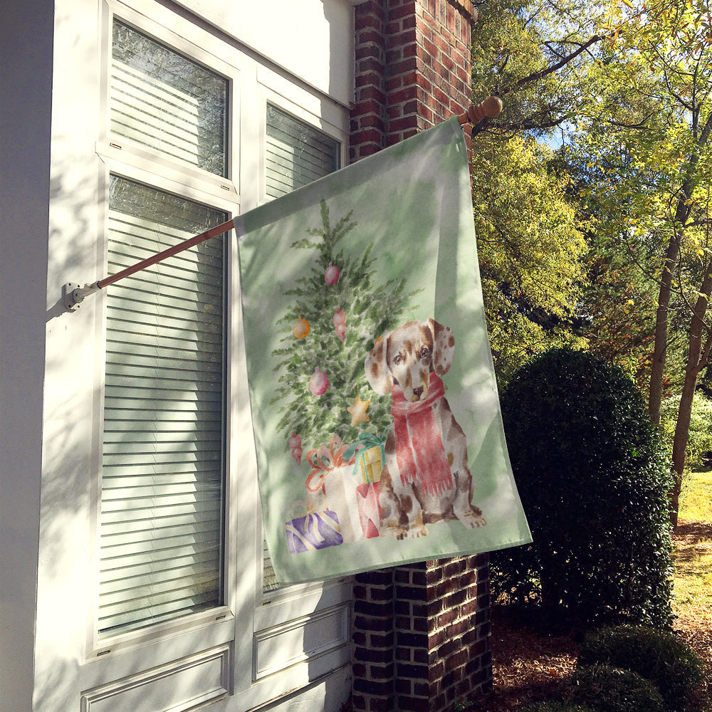Dachshund Chocolate Piebald Dapple  Christmas Presents and Tree House Flag 28x40 Porch Sleeve Pole Decorative Outside Yard Banner Artwork Wall Hanging, Polyester