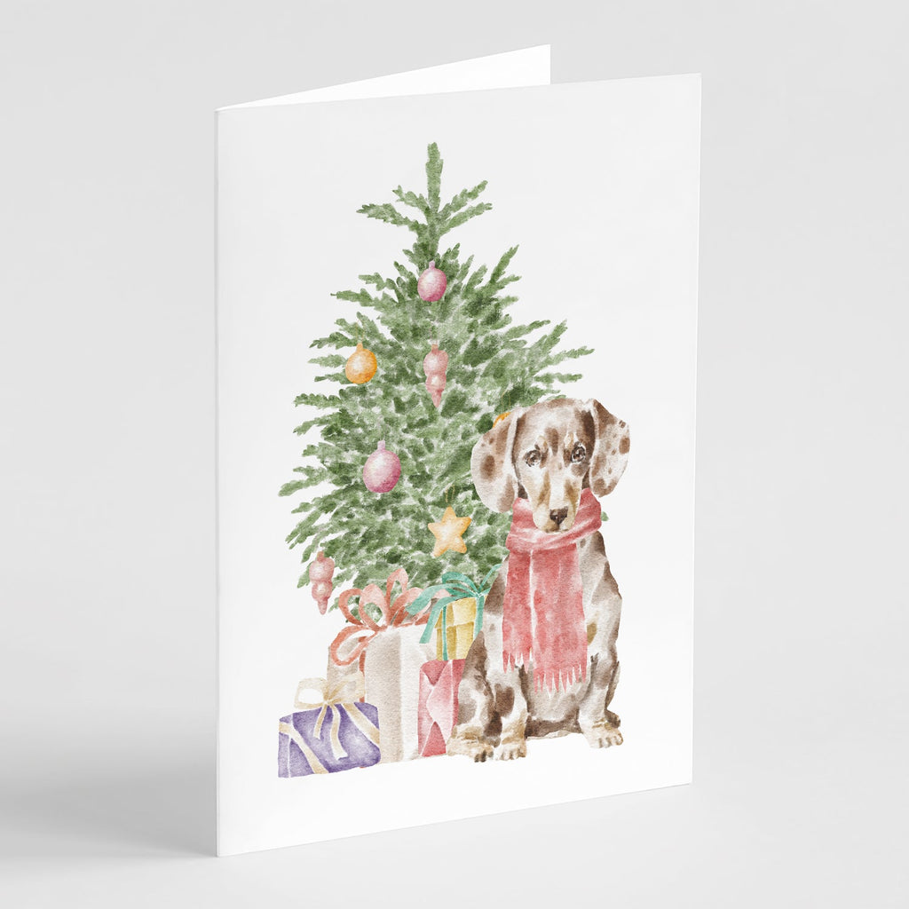 Dachshund Chocolate Piebald Dapple  Christmas Presents and Tree Greeting Cards Pack of 8 Blank Cards with Envelopes Whimsical A7 Size 5x7