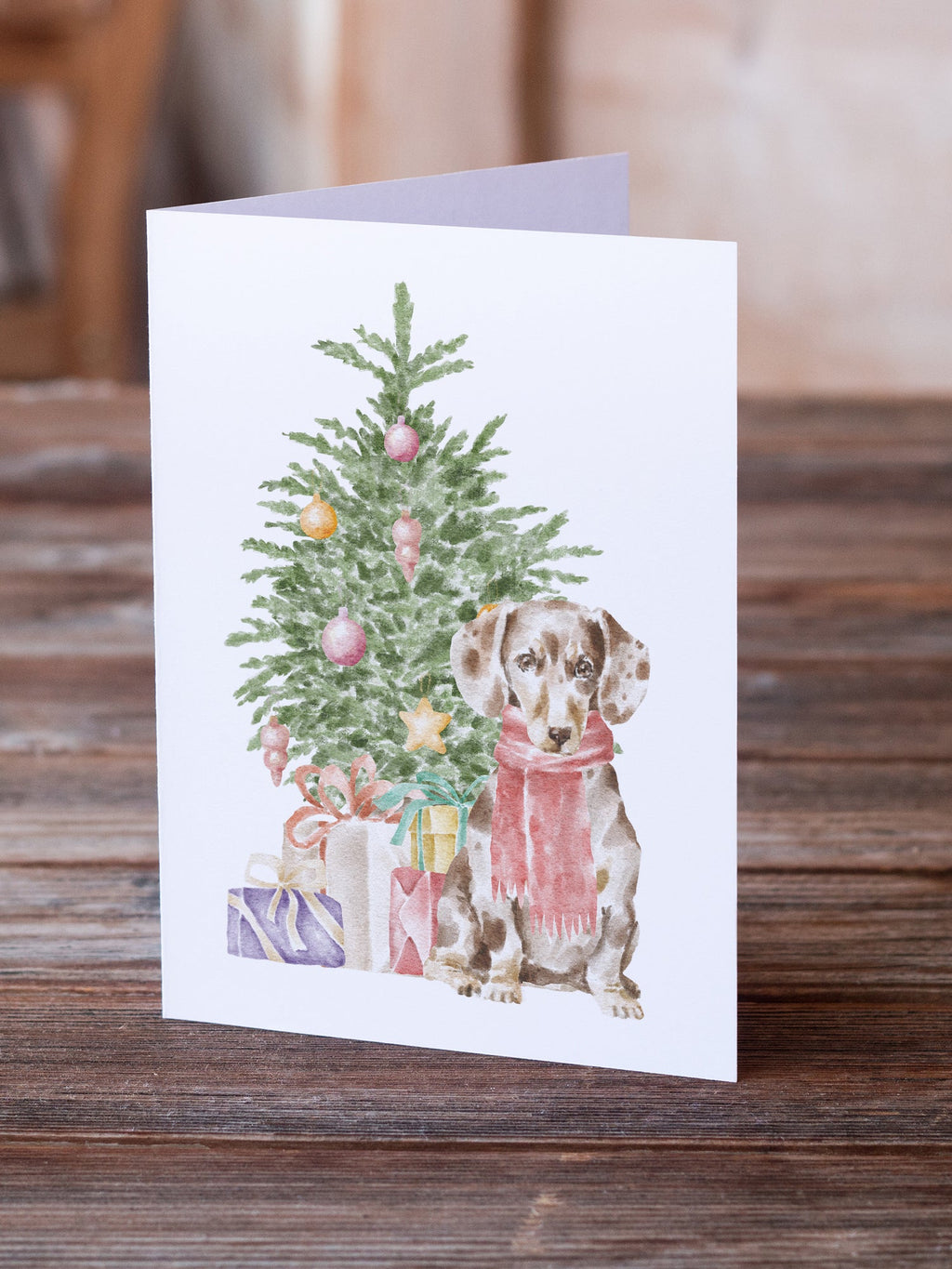 Dachshund Chocolate Piebald Dapple  Christmas Presents and Tree Greeting Cards Pack of 8 Blank Cards with Envelopes Whimsical A7 Size 5x7