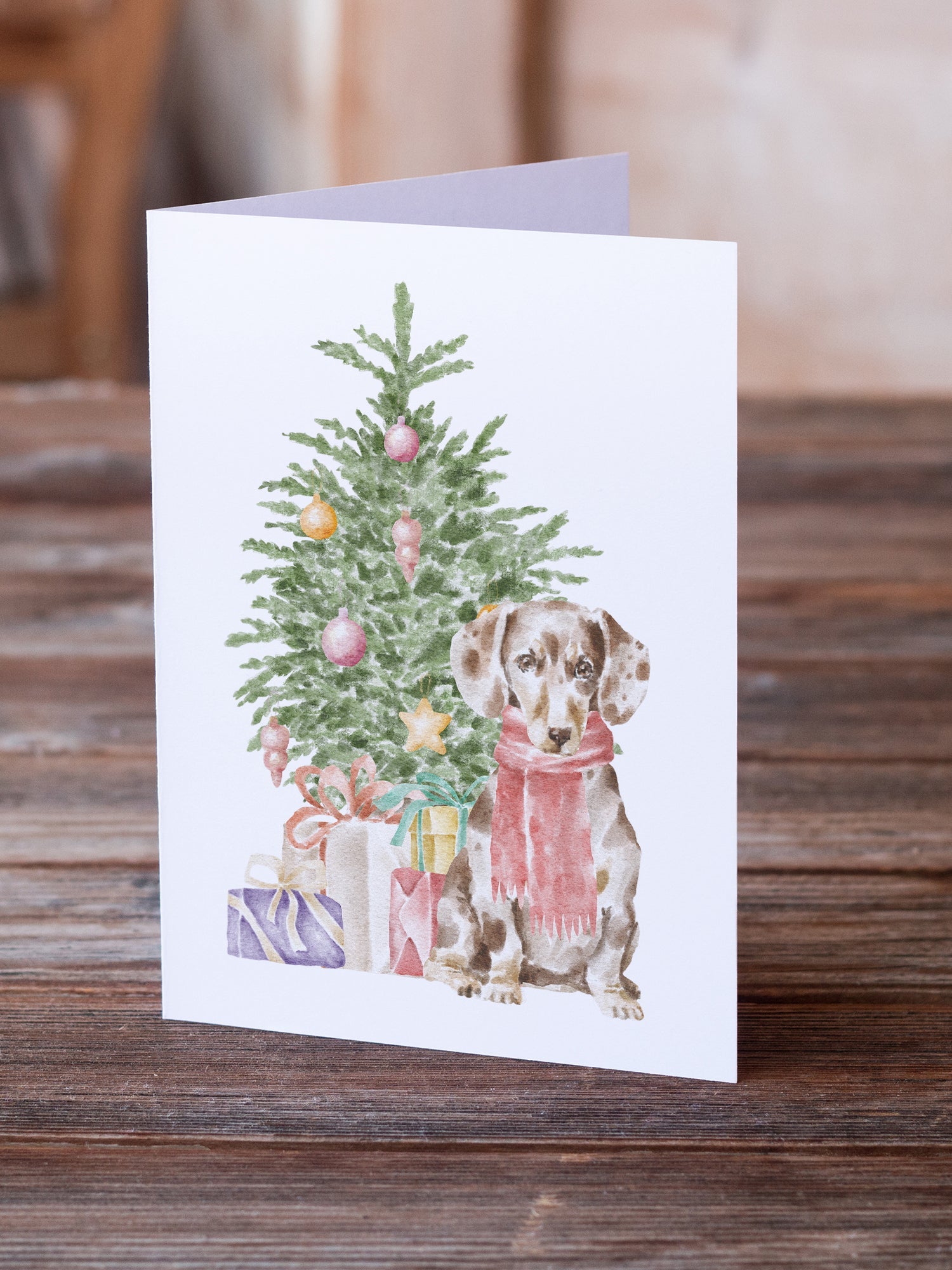 Dachshund Chocolate Piebald Dapple  Christmas Presents and Tree Greeting Cards Pack of 8 Blank Cards with Envelopes Whimsical A7 Size 5x7